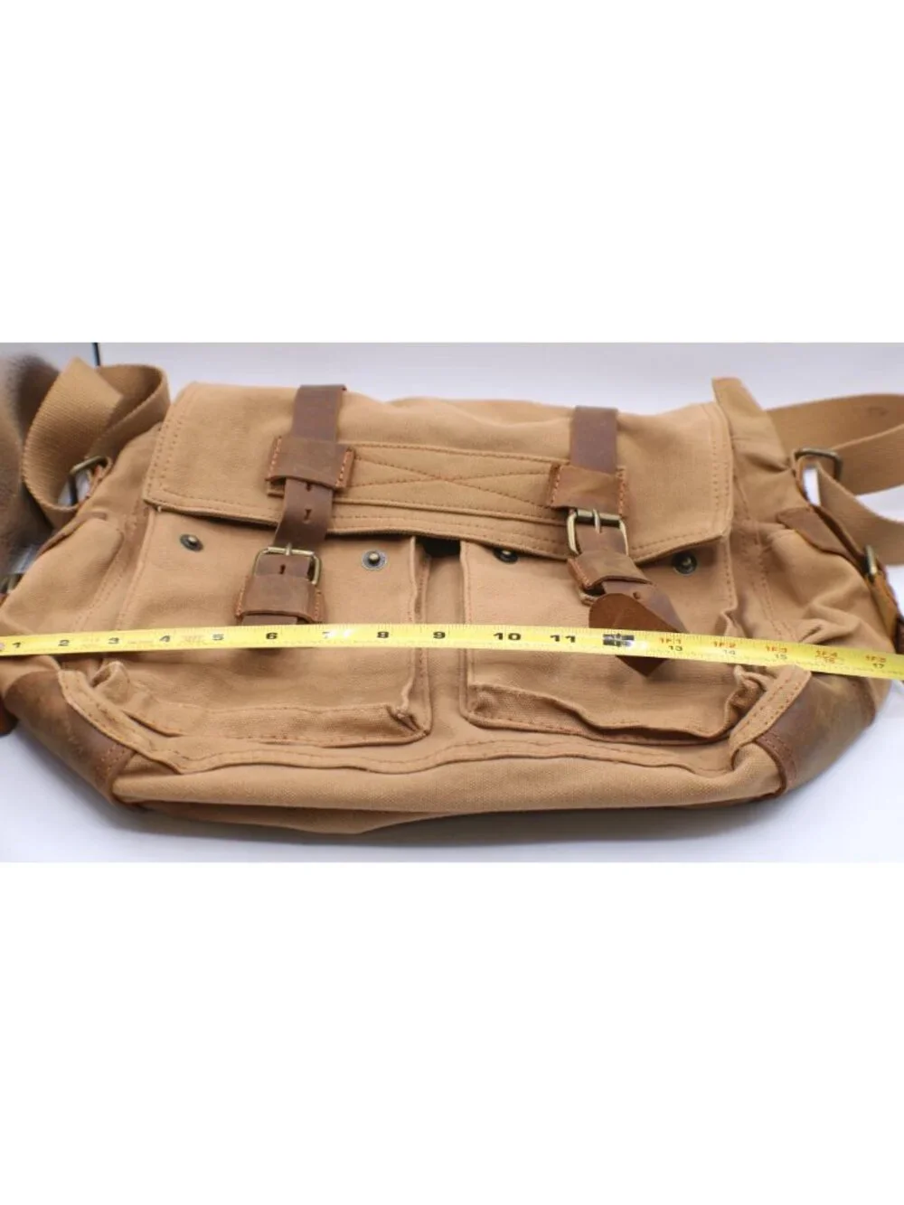 Augur Strauss & Co Canvas Messenger Bag Tan Buckle Flaps Adj Strap Utility Style